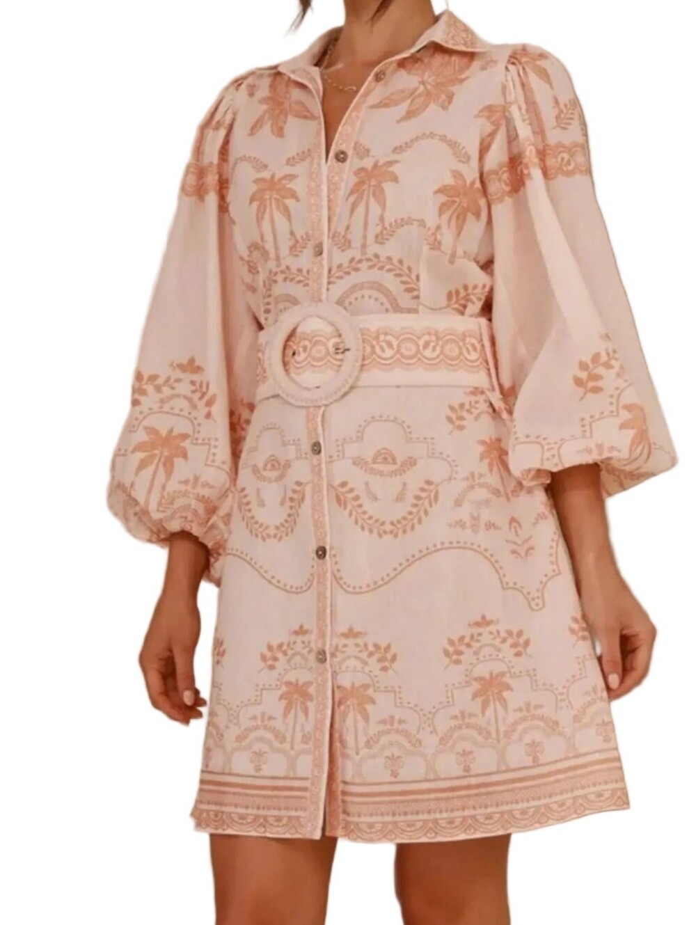 Palm Beach Belted Waist Button Down Baloon Long Sleeve Boho Mini Shirt Dress - Picture 7 of 10